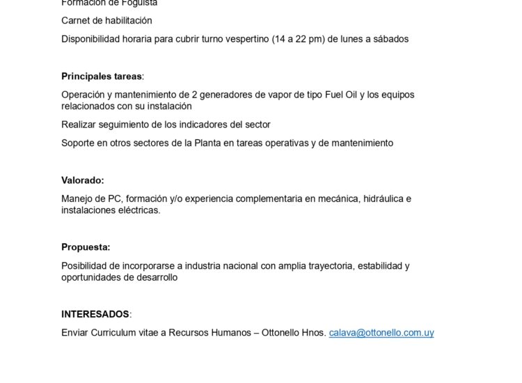 Oportunidad laboral – Foguista