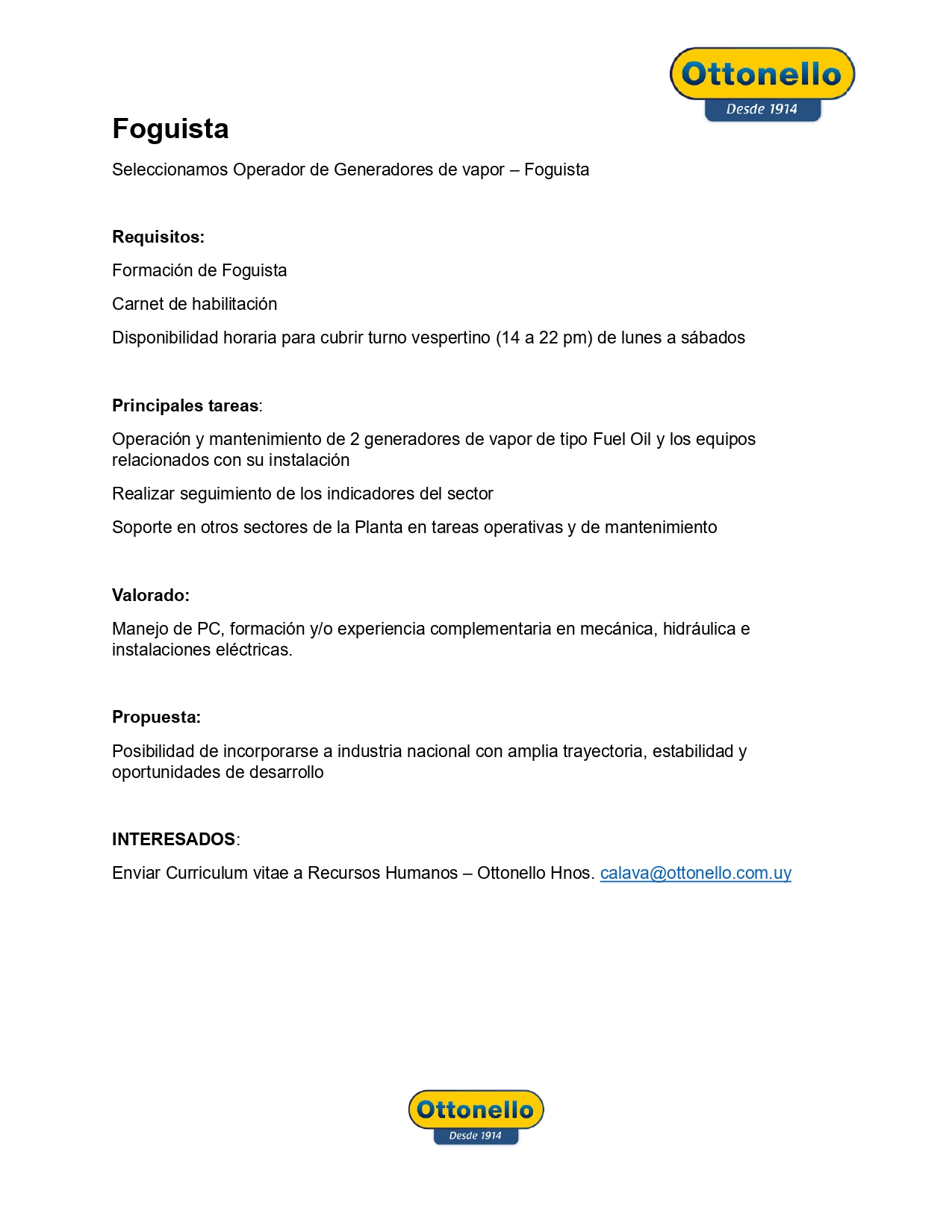 Oportunidad laboral – Foguista