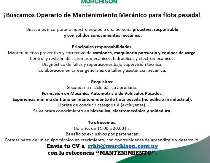 Oportunidad laboral – Operario de Mantenimiento Mecánico