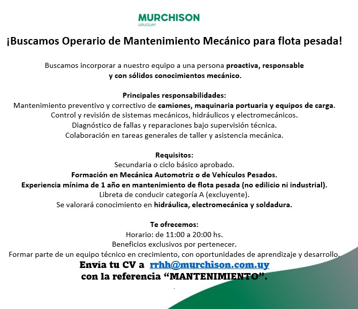 Oportunidad laboral – Operario de Mantenimiento Mecánico