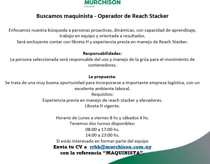 Oportunidad laboral – Operario de Reach Stacker