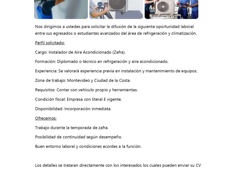 Oportunidad laboral – Instalador de Aire Acondicionado