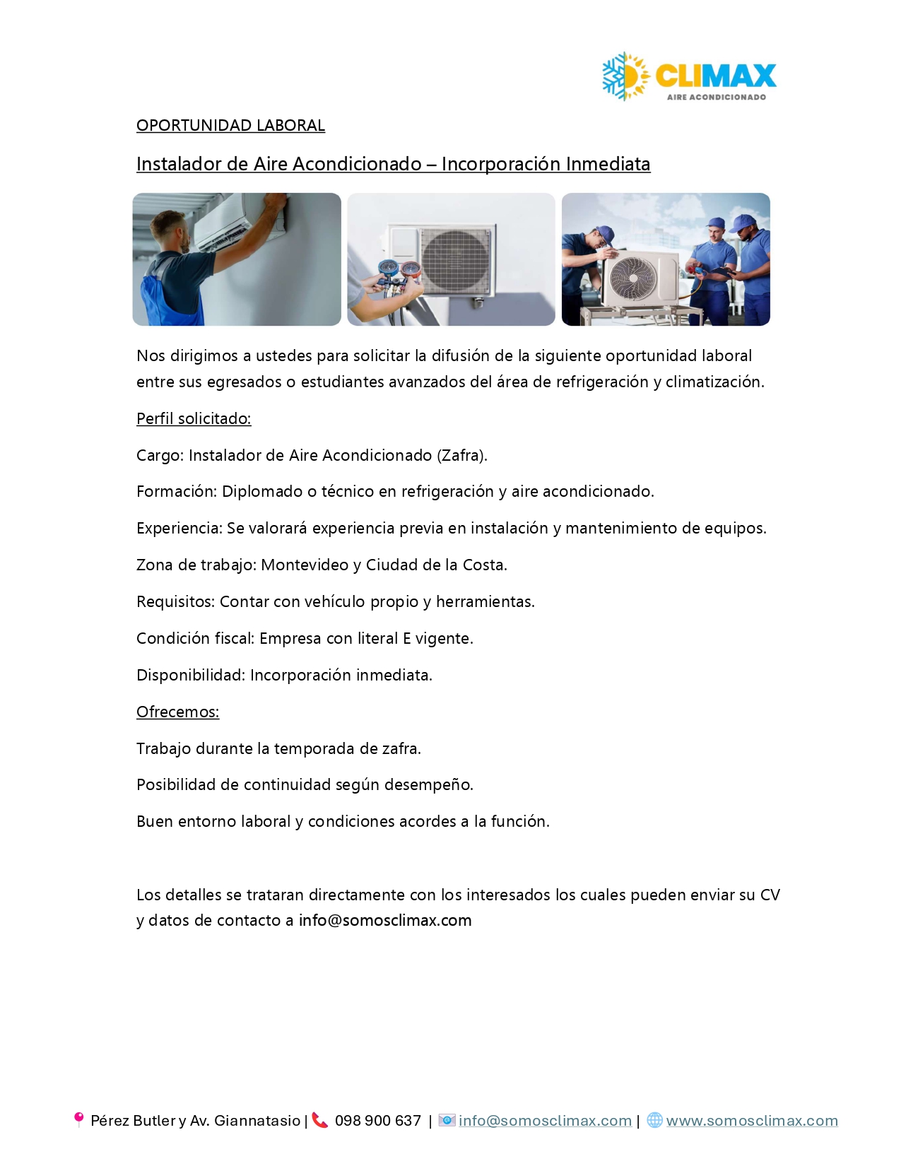 Oportunidad laboral – Instalador de Aire Acondicionado