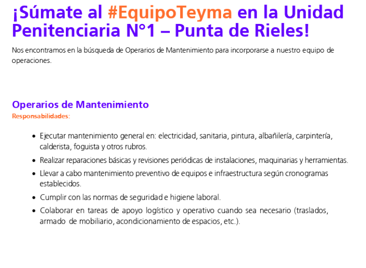 Oportunidad laboral – Operario de Mantenimiento