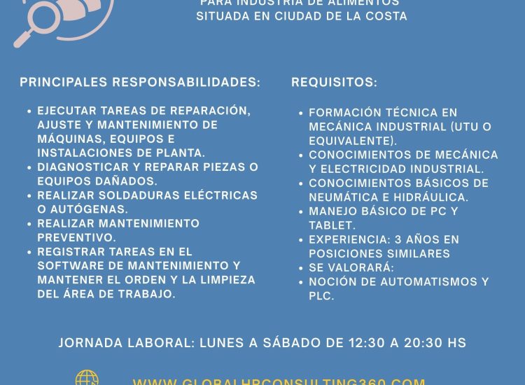Oportunidad laboral – Mecánico Industrial
