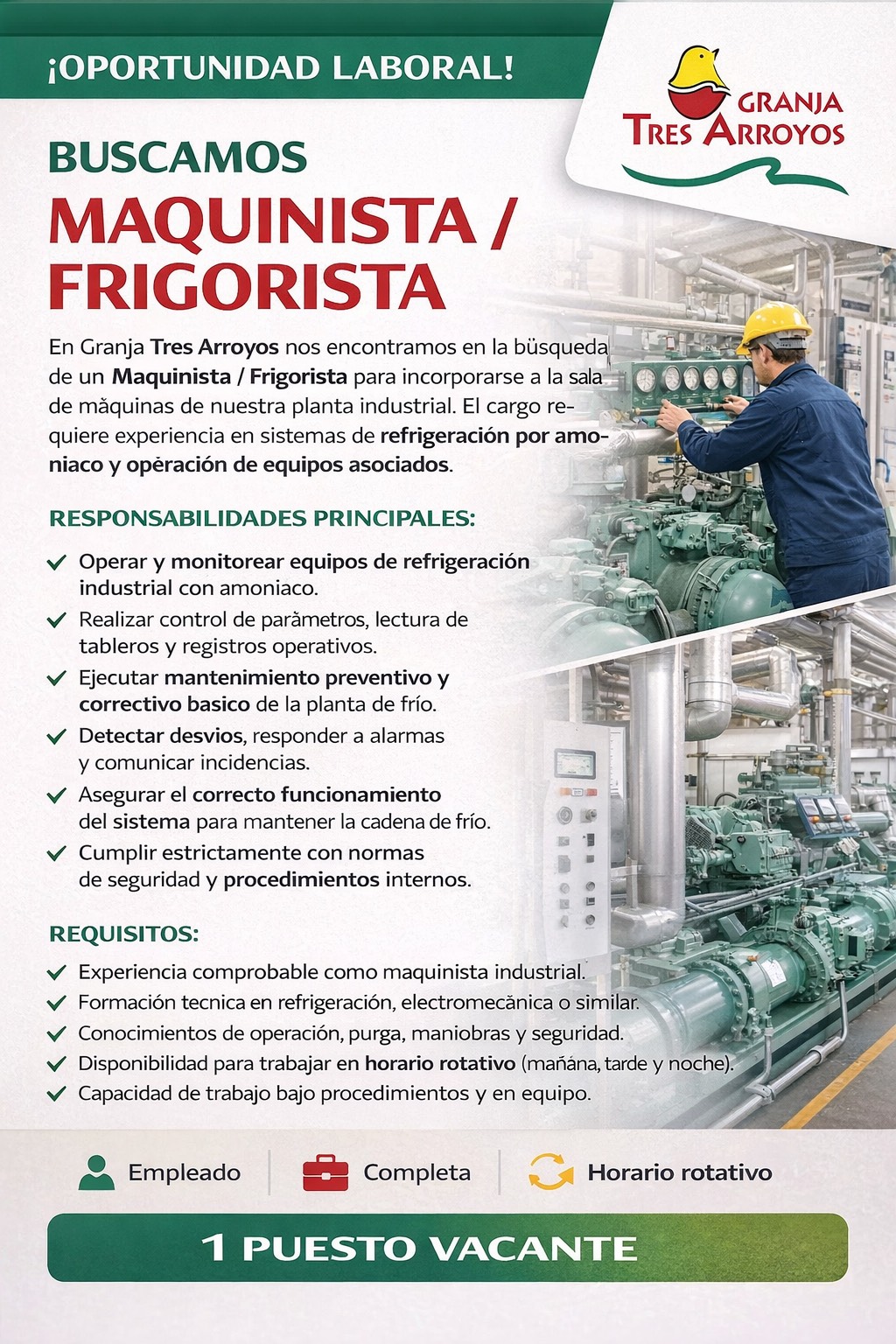 Oportunidad laboral – Maquinista / Frigorista
