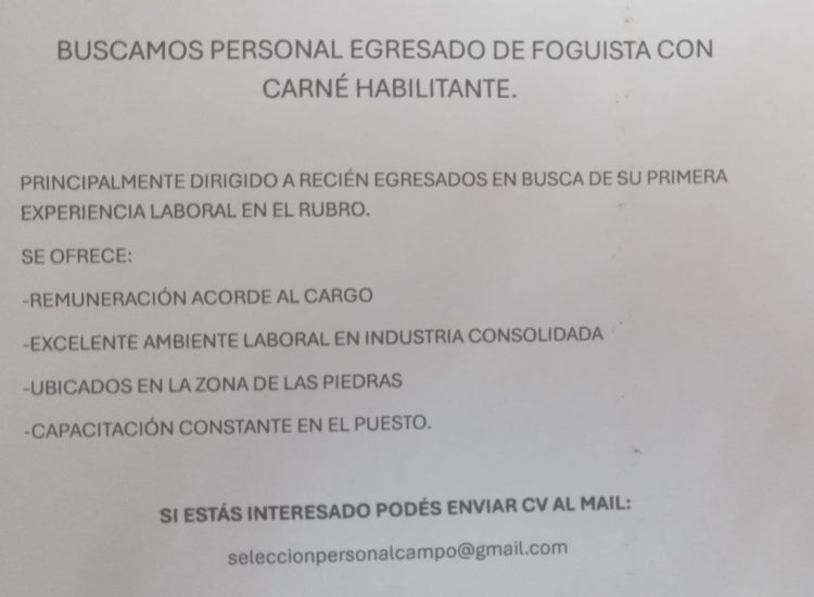 OPORTUNIDAD LABORAL – FOGUISTA