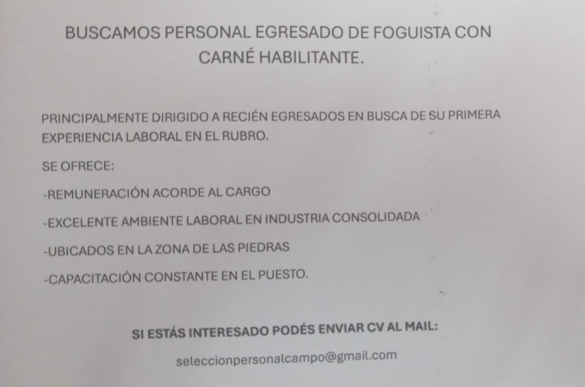 OPORTUNIDAD LABORAL – FOGUISTA