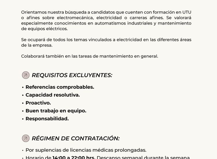 OPORTUNIDAD LABORAL – OFICIAL ELECTRICISTA