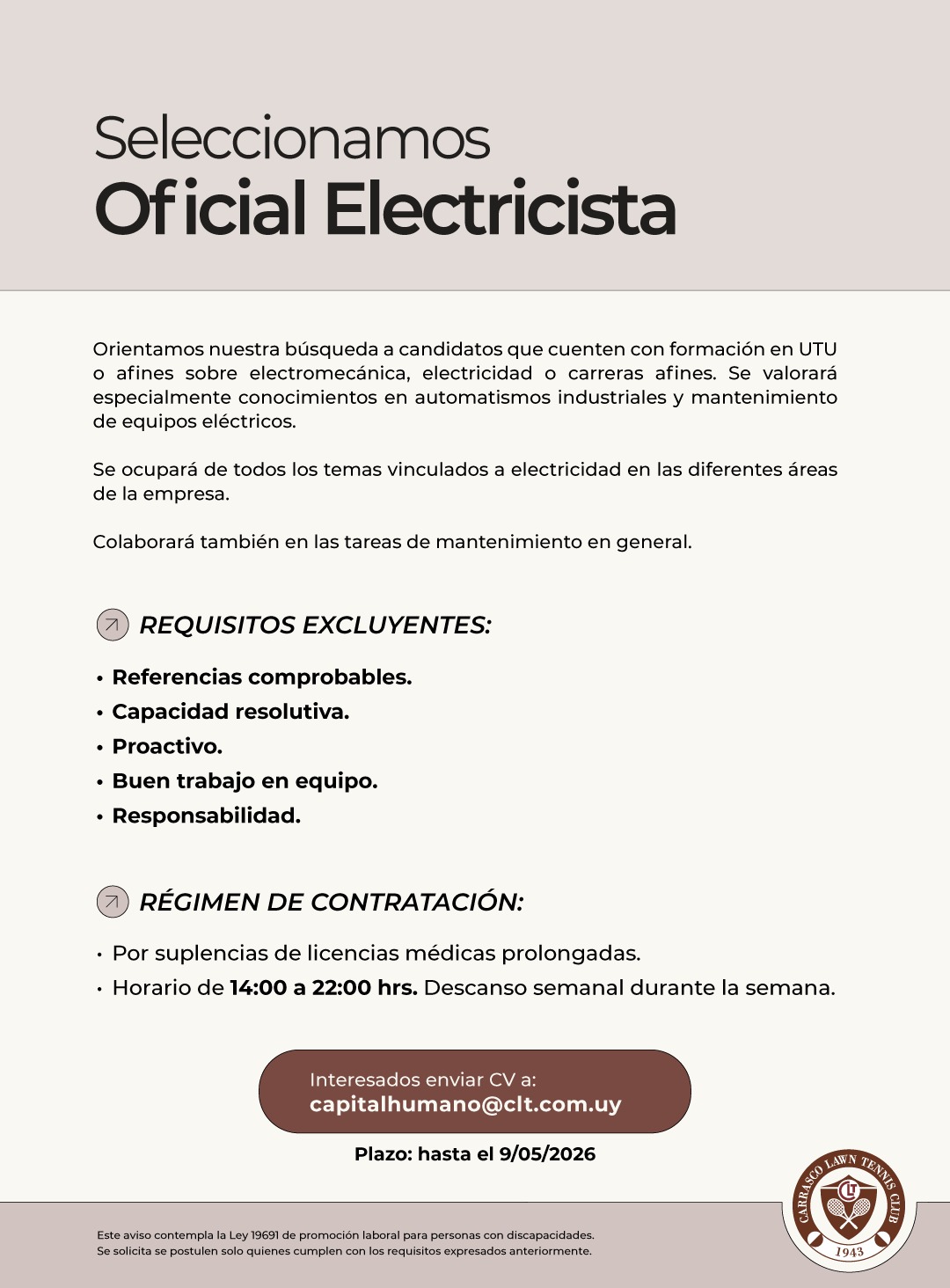 OPORTUNIDAD LABORAL – OFICIAL ELECTRICISTA