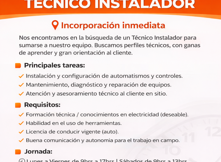 OPORTUNIDAD LABORAL – TÉCNICO INSTALADOR