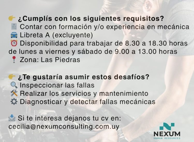 OPORTUNIDAD LABORAL – MECÁNICO AUTOMOTRIZ