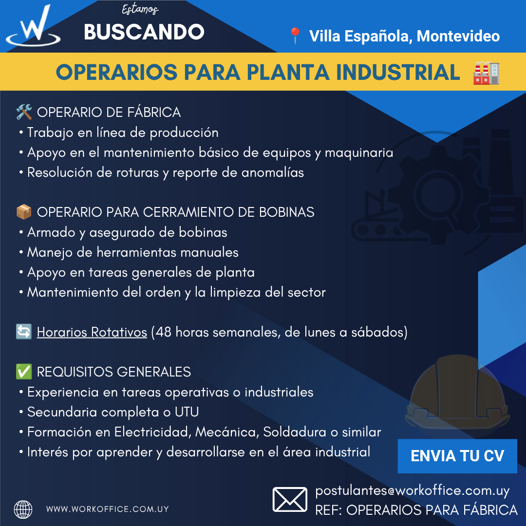 OPORTUNIDAD LABORAL – OPERARIO DE FÁBRICA (ELECTRICIDAD – MECÁNICA – SOLDADURA)