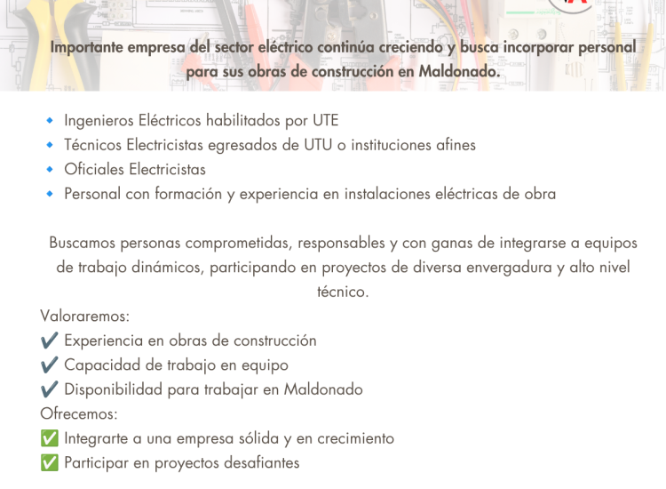 OPORTUNIDAD LABORAL – TÉCNICO ELECTRICISTA Y AFINES