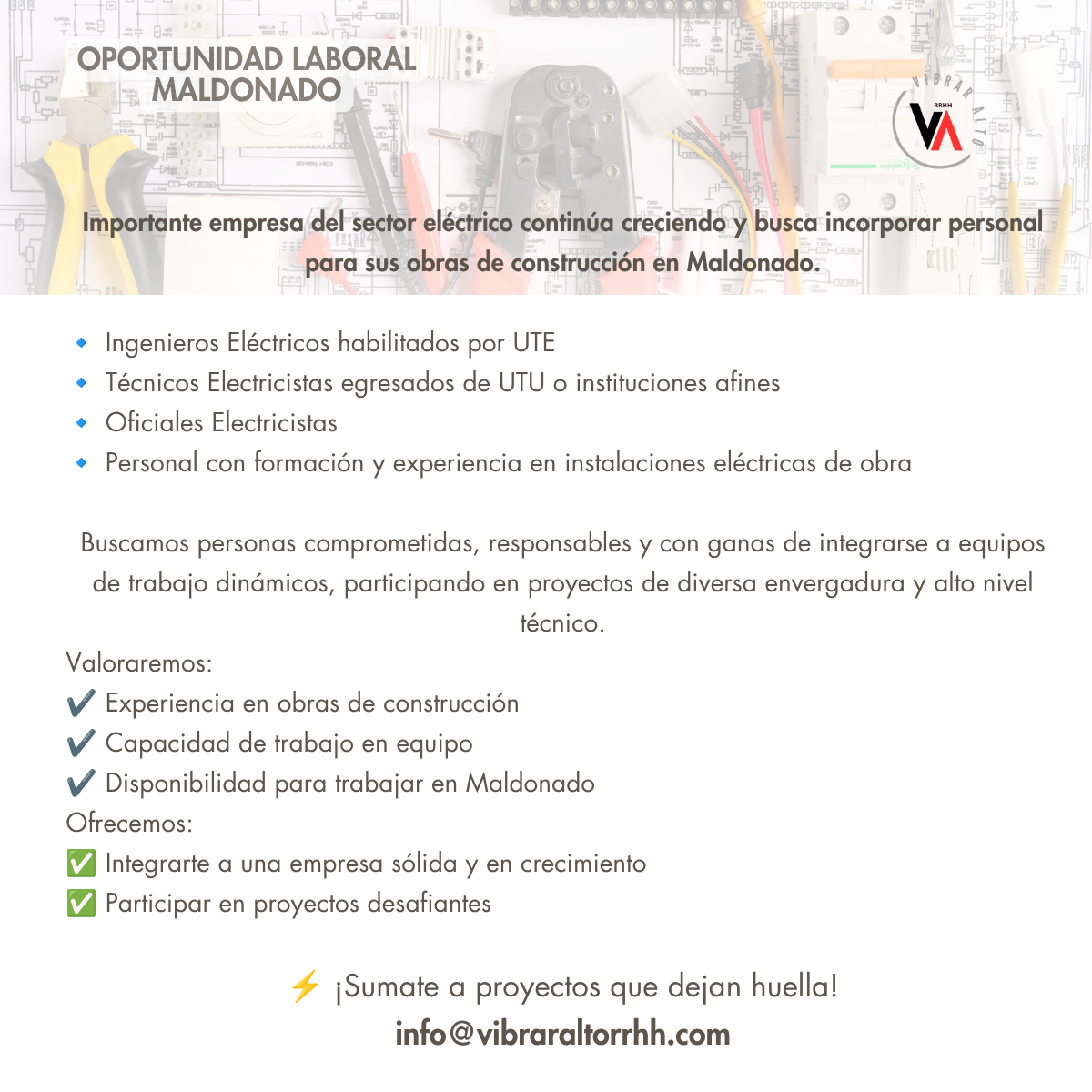 OPORTUNIDAD LABORAL – TÉCNICO ELECTRICISTA Y AFINES